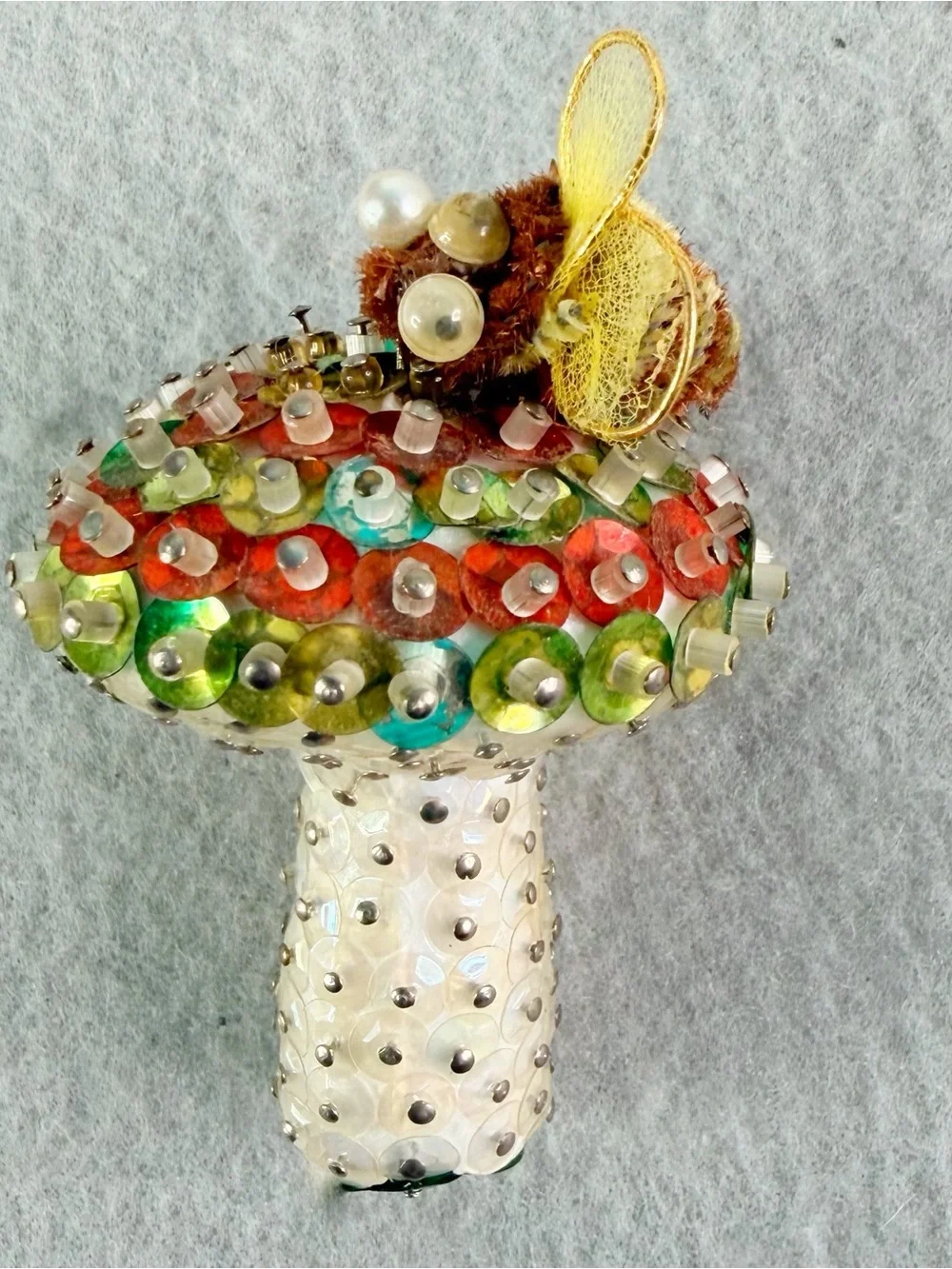 Cottagecore Vintage Walco Beaded Sequin Mushroom and Bee Christmas Ornament Read